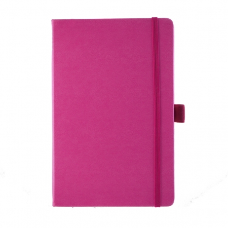 A5 medium size note book in pink with a soft touch cover, contrasting pink elastic closure band and pen loop